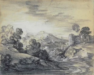 Bewaldete Landschaft mit Schloss, ca. 1785-88 (Schwarz- und Weißkreide auf Büttenpapier)